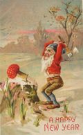 Gnome Chops Down Toadstool Vintage New Year Postcard