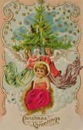 Angels with Tree & Baby Jesus ~ Vintage Christmas Postcard
