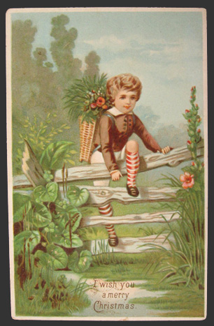 Vintage Christmas Greeting Card Chromo ~ Boy Climbs Fence