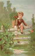 Vintage Christmas Greeting Card Chromo ~ Boy Climbs Fence