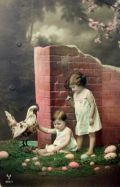 Two Children with Chicken & Easter Eggs Real Photo Postcard
