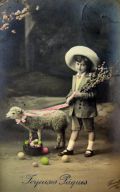 Easter Boy with Lamb, Eggs Real Photo French Postcard