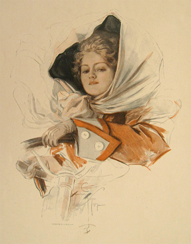 Harrison Fisher 1908 Antique Print ~ Woman Motorist