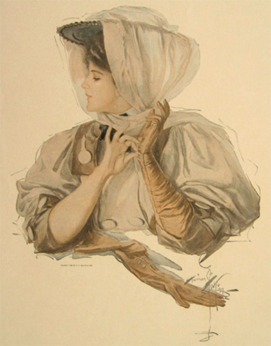 Harrison Fisher 1908 Antique Print ~ Woman Puts on Gloves