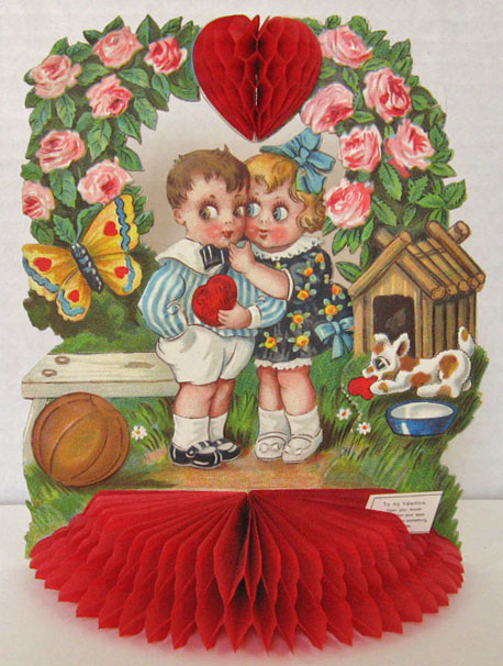 Children Under Wreath of Roses Vintage Honeycomb Valentine