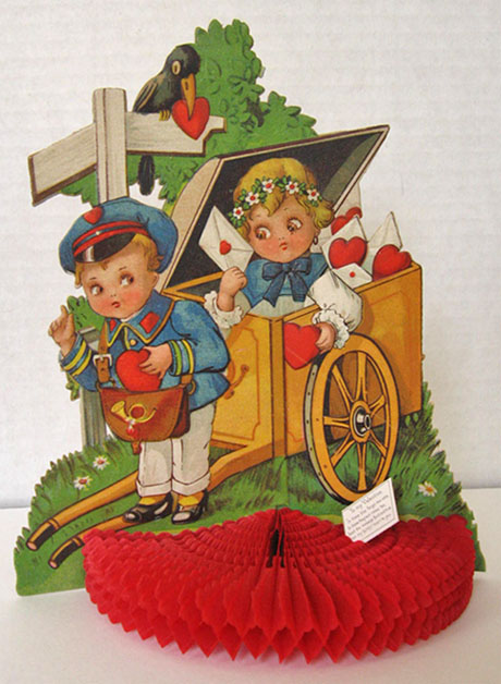 Boy Mailman Delivers Heart Vintage Honeycomb Valentine