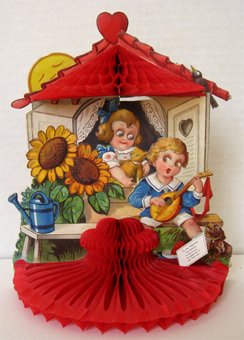 Boy Plays Mandolin ~ Vintage Honeycomb Valentine