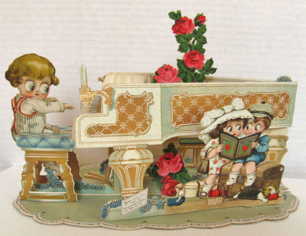 Boy Plays Piano ~ Large Antique Pop-Up Valentine
