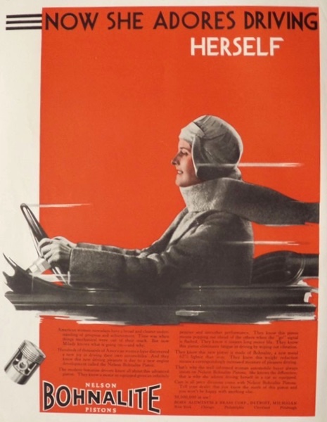 1929 Nelson Bohnalite Pistons Ad ~ Women Can Drive Themselves