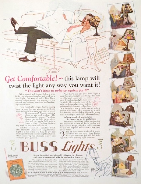 1928 Buss Lights Ad ~ Flexible Neck Reading Lamp