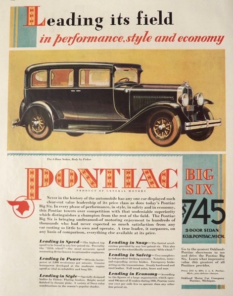 1929 Pontiac Big Six Sedan Ad ~ Leading Its Field