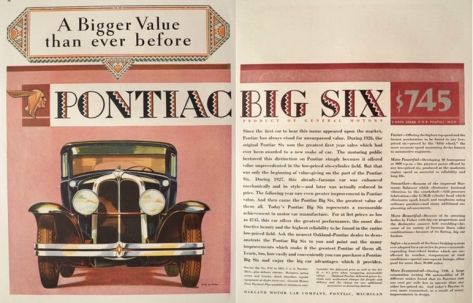 1929 Pontiac Big Six Ad ~ Bigger Value
