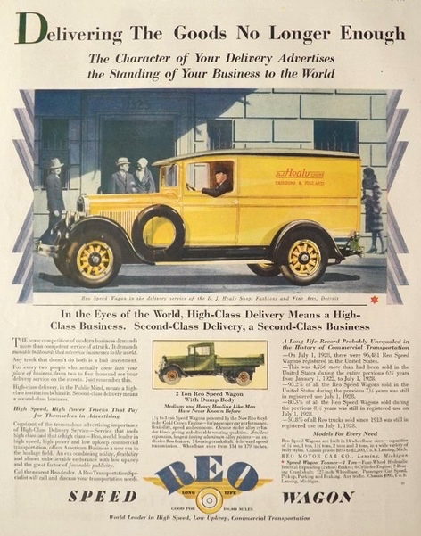 1929 Reo Speed Wagon Ad ~ D.J. Healy Shops Truck