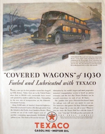 1930 Texaco Gas Ad  ~ Pickwick-Greyhound Nite Coach
