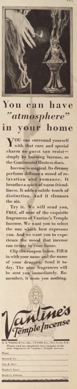 1928 Vantine's Incense Ad ~ Atmosphere in Your Home