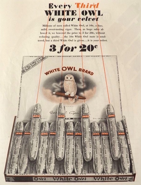1929 White Owl Cigars Ad ~ Every Third is Your Velvet