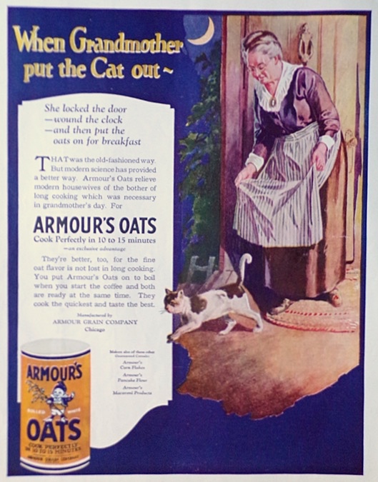 1922 Armour's Oats Ad ~ Grandma Puts the Cat Out