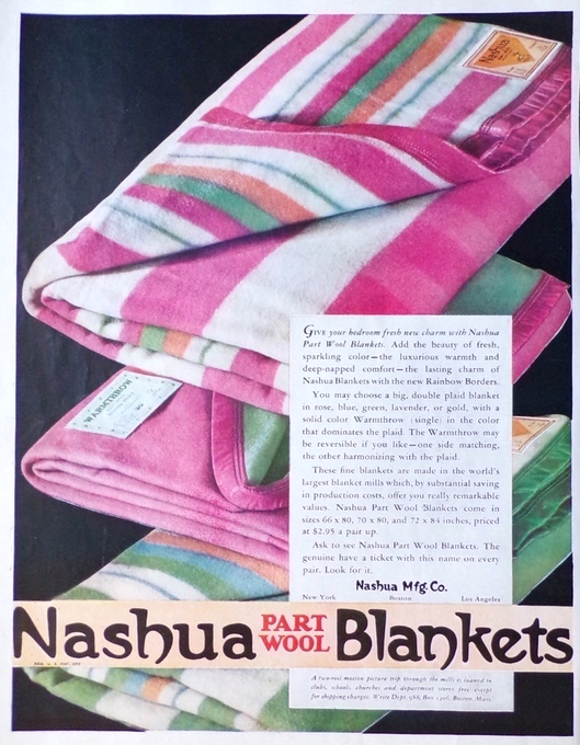 1930 Nashua Part Wool Blanket Ad ~ Rainbow Borders