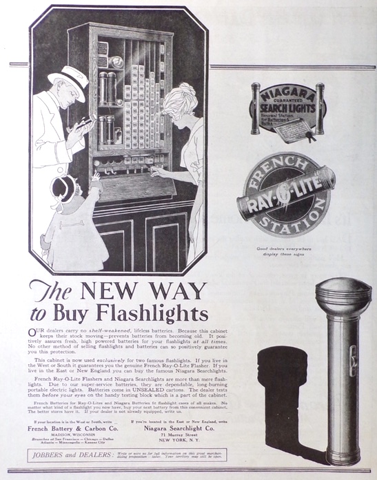 1919 French Rayolite Flashlight Cabinet Ad ~ No Lifeless Batteries