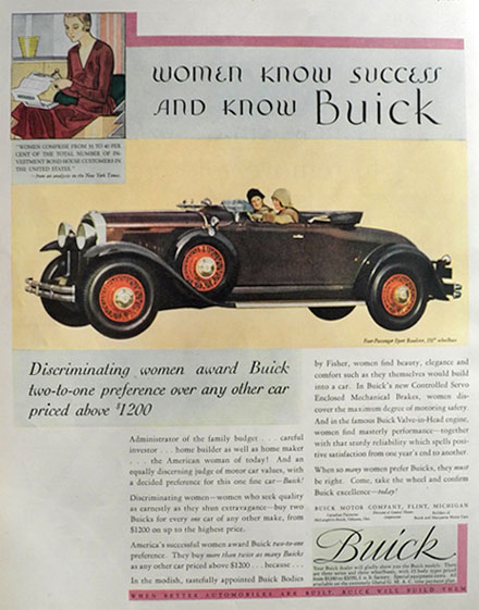 1930 Buick Sport Roadster Ad ~ Women Know Success