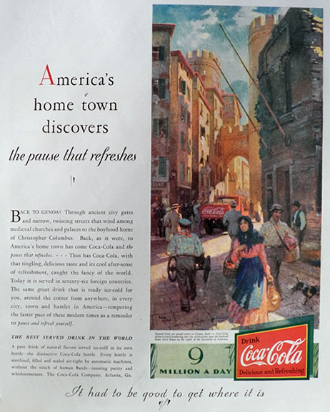 1930 Coke Coca Cola Ad ~ Fred Mizen ~ Genoa, Italy