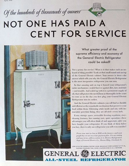 1930 GE All Steel Refrigerator Ad ~ Not a Cent For Service