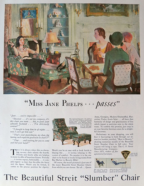 1930 Streit Slumber Chair Ad ~ Jane Phelps Passes