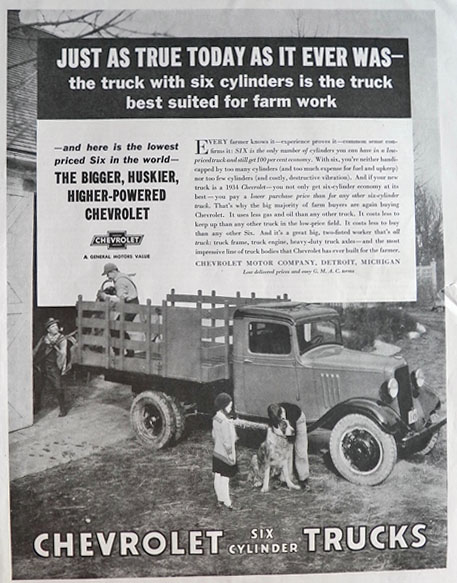 1934 Chevy Six Cylinder Truck Ad ~ Best Suited for Farm Work
