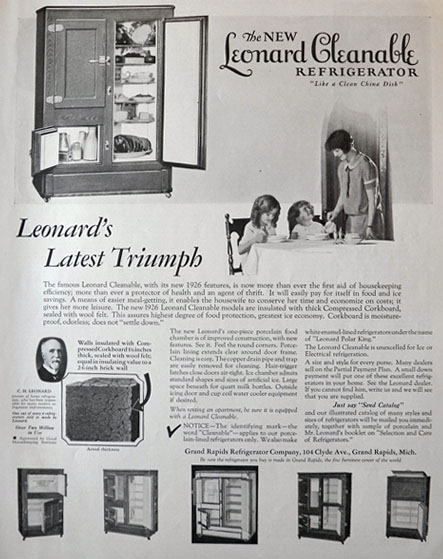1926 Leonard Cleanable Refrigerator Ad