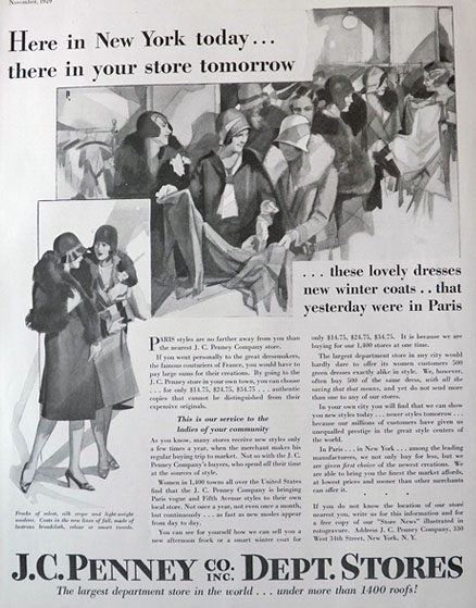 1929 J.C. Penney Stores Ad ~ In NY Today, In Your Store Tomorrow