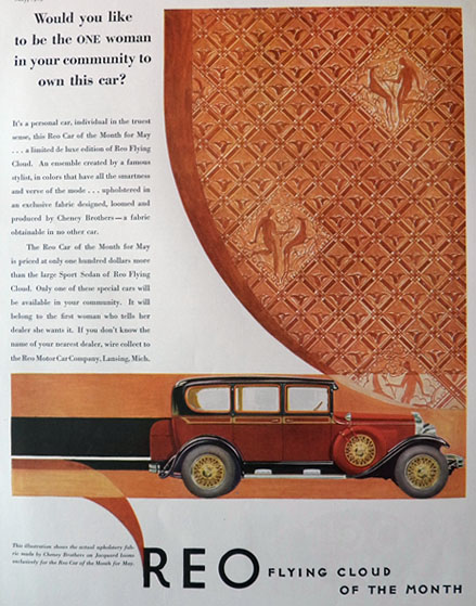 1929 Reo Flying Cloud Ad ~ Cheney Bros Upholstery