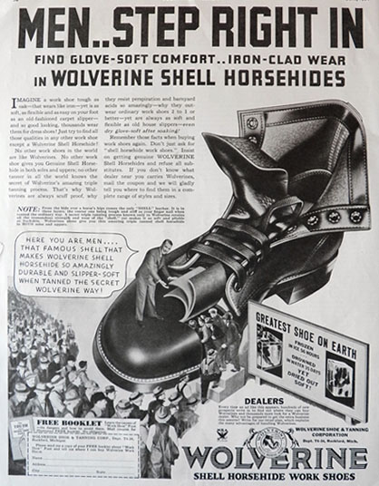1934 Men's Wolverine Shoes Ad ~ Shell Horsehide Work Shoes