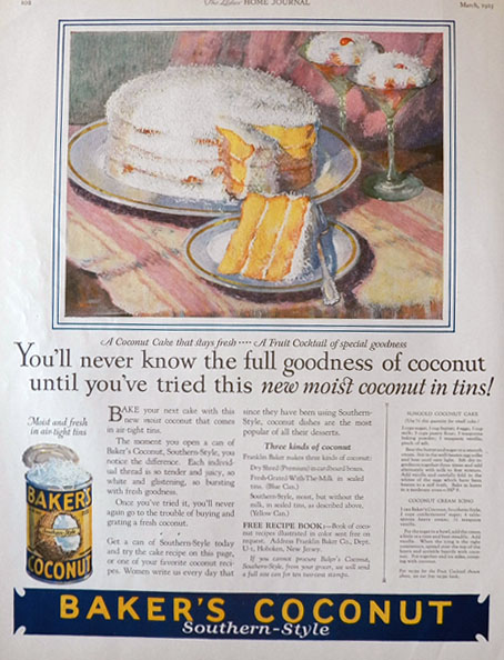 1925 Baker's Coconut Ad ~ Moist Coconut in Tins