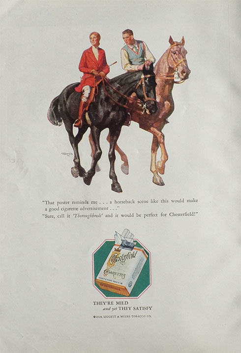 1928 Chesterfield Cigarettes Ad ~ Thoroughbred Horses