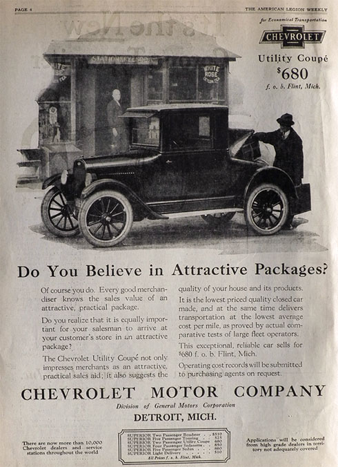 1923 Chevy Utility Coupe Ad ~ Attractive Package