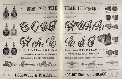 1886 Cogswell & Wallis Jewelry Ad ~ Masonic Pendants, Initial Rings