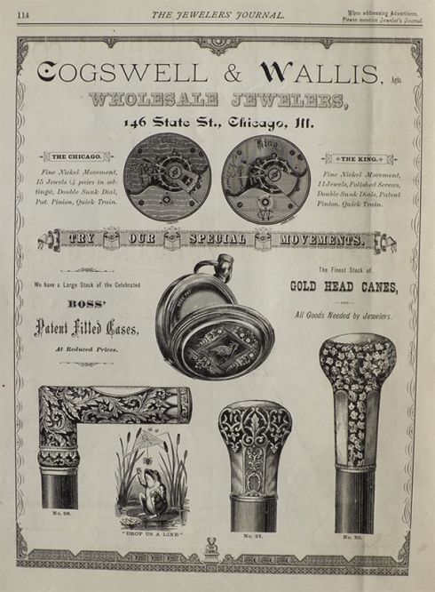 1882 Cogswell & Wallis Jewelers ~ Gold Head Cane & Watch Ad