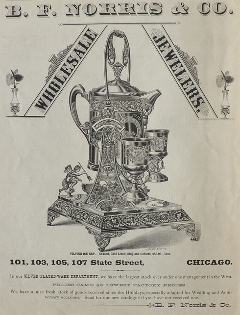 1882 B.F. Norris Tilting Ice Set Silverplate Ad