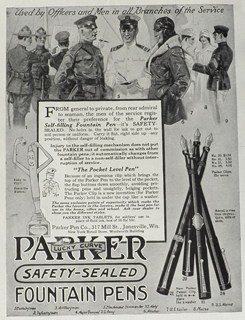 1918 Parker Fountain Pen Ad ~ Used by Men in the Service