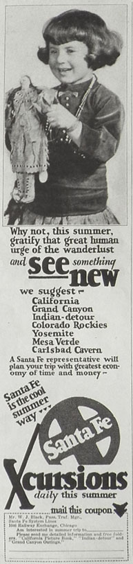 1928 Santa Fe Train Excursions Ad ~ Child with Skookum Doll Photo