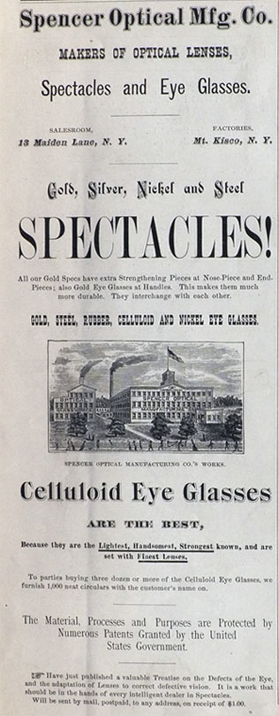 1882 Spencer Optical Ad ~ Celluloid Eyeglasses ~ Mt. Kisco, NY