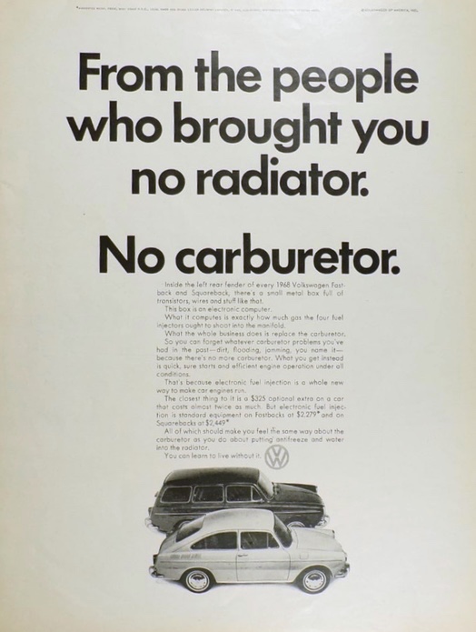 1968 VW Fastback, Squareback Ad ~ No Carburetor
