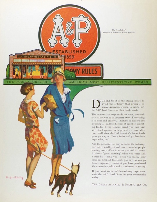 1929 A & P Stores Ad ~ Woman with Dog ~ Bradshaw Crandell