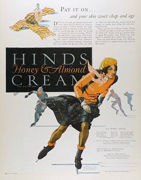 1927 Hinds Skin Cream Ad ~ People Ice Skating
