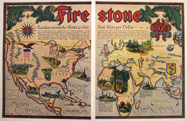 1928 Firestone Tires Ad ~ World Map of Factories ~ Ernest Clegg