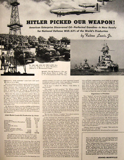 1941 Johns Manville Crude Oil Ad ~ Hitler Picked Our Weapon