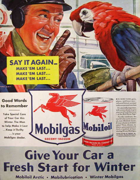 1941 Mobil Oil Ad ~ Macaw Parrot ~ Howard Scott