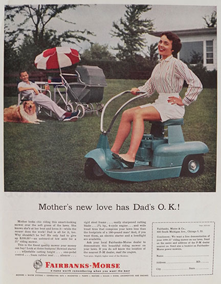 1956 Fairbanks-Morse Lawnmower Ad ~ Dad Watches Mom Mow