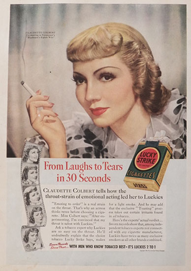 1938 Lucky Strike Cigarette Ad ~ Claudette Colbert