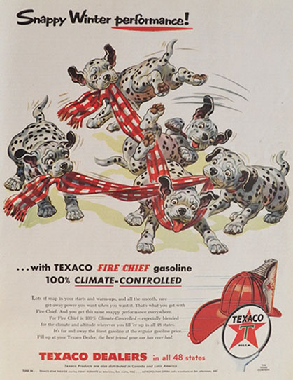 1956 Texaco Gas Ad ~ Dalmatians Play WIth Scarf